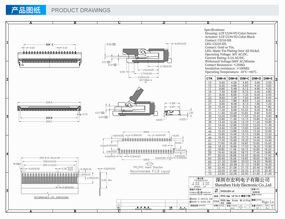 FFC/FPC连接器 0.3mm 间距 1.0H 翻盖下接 镀金 9P~61P