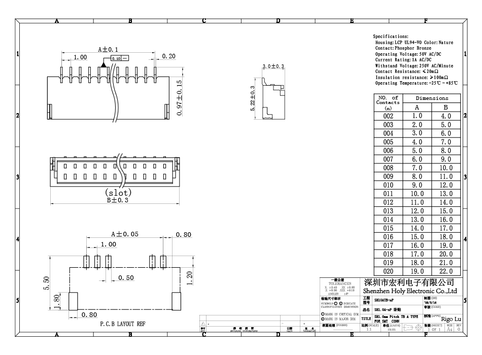 SH1.0A间距4针接插件 卧式贴片 电池电源线连接器FPC连接器接插件,宏利