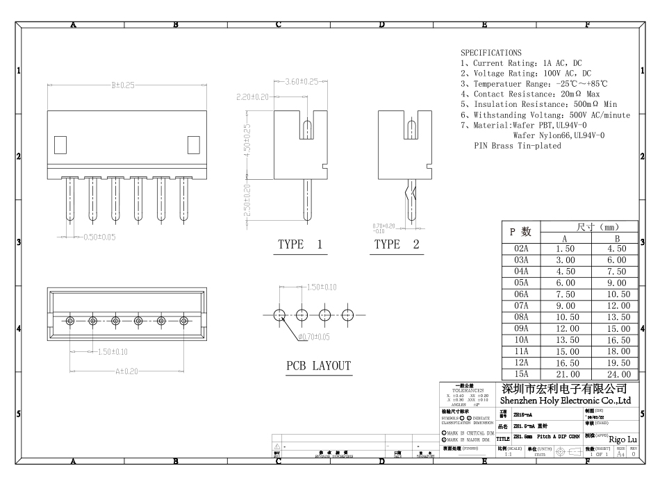 ZH1.5mm 6P 单排连接器1.5mm间距 6芯接插件 直针,宏利