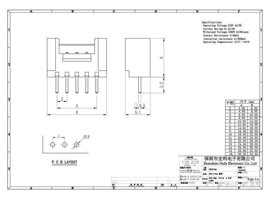 HY2.0带扣直针 带锁扣插座 2.0mm - 9A间距 直插 白色插座,宏利